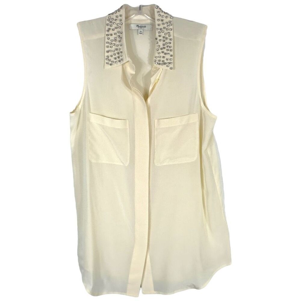 Madewell XS Top Silk White Ivory Sleeveless Button Down Rhinestone Collar 208‎